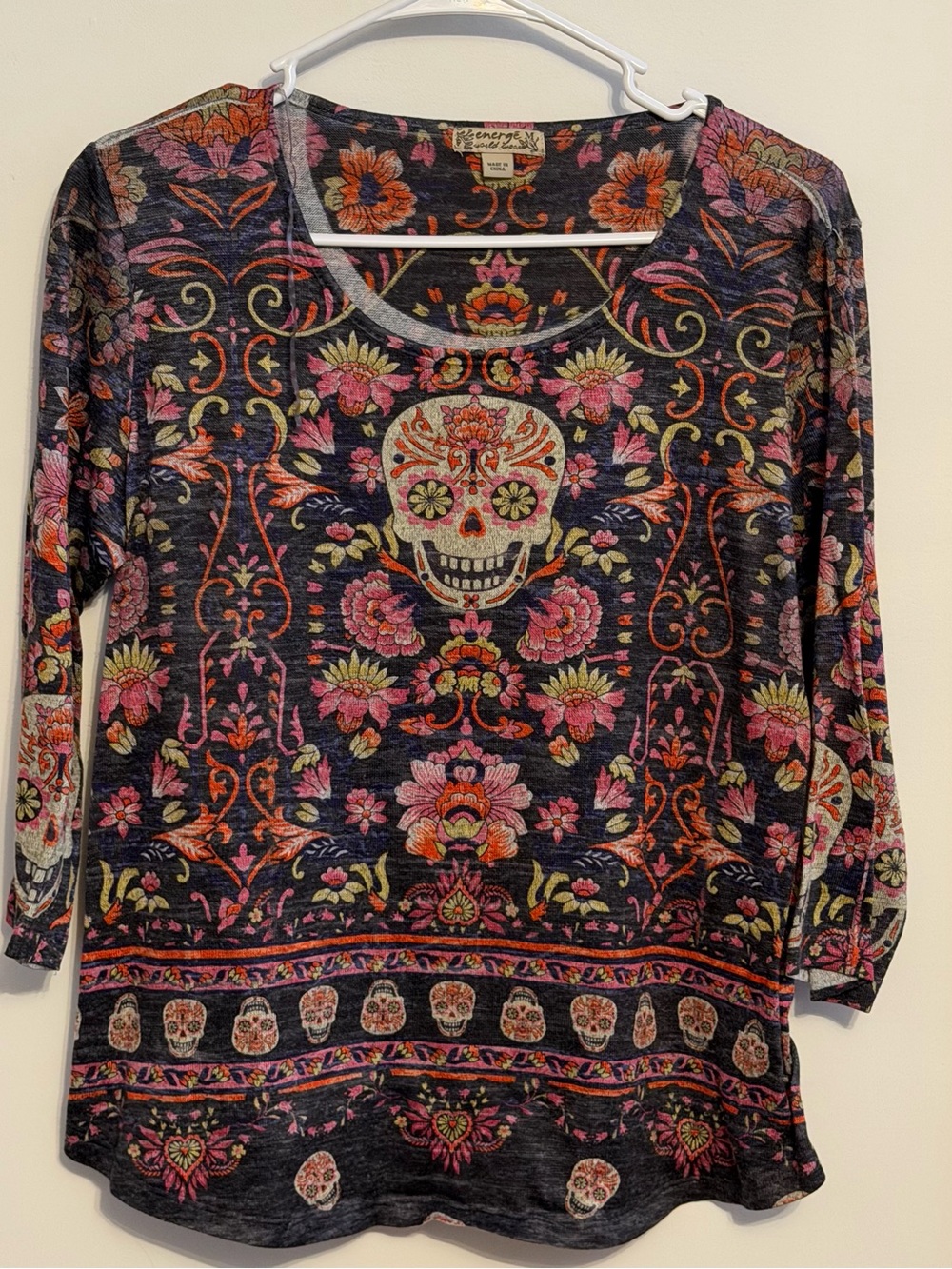 Energie Black Floral Sugar Skull Long Sleeve Top with‎ Pink & Orange Accents